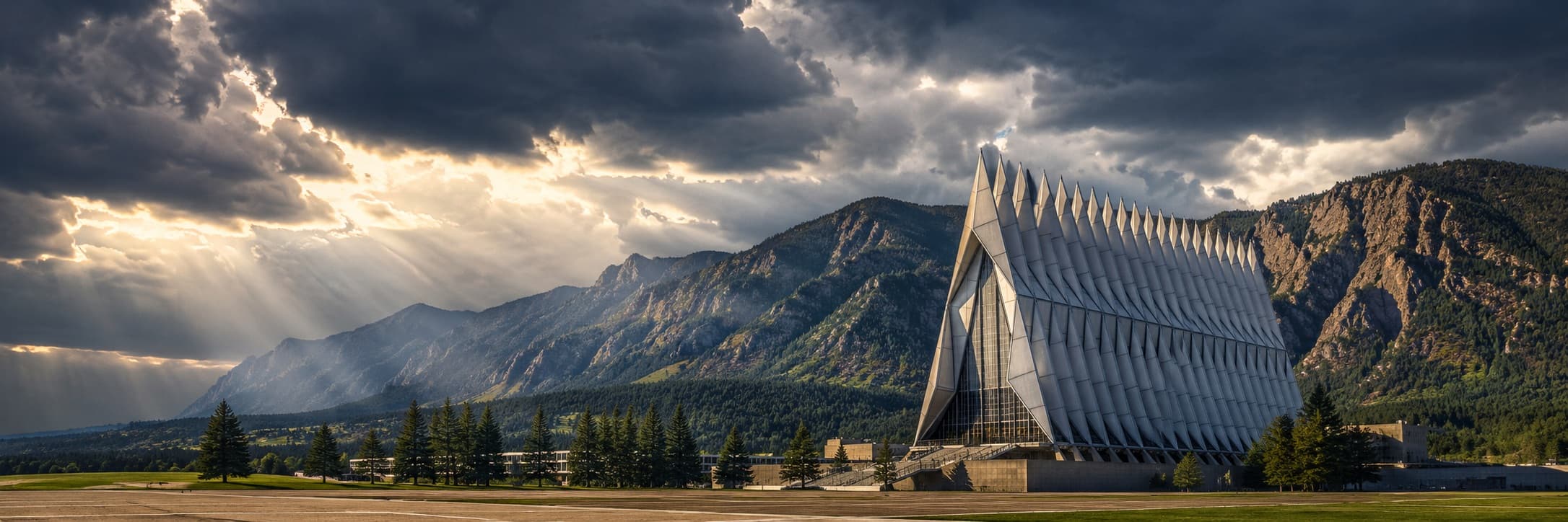 Air Force Academy Cadet Chapel with Rocky Mountains in background