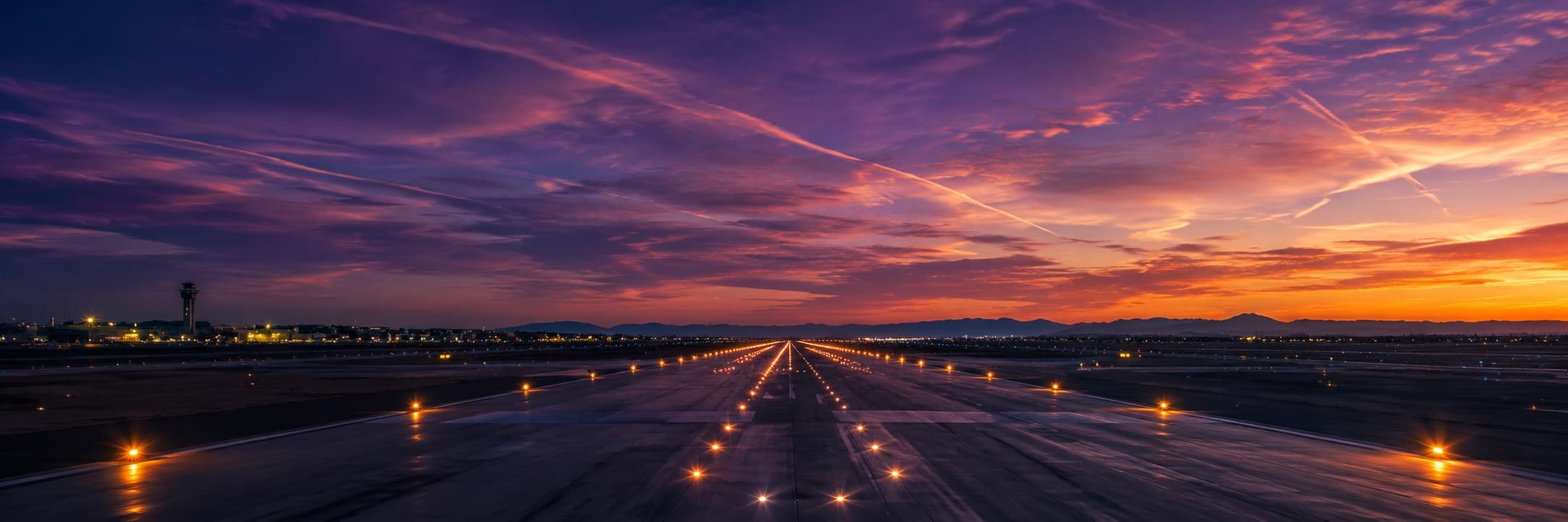 U.S. Air Force runway at dusk with dramatic contrail sky