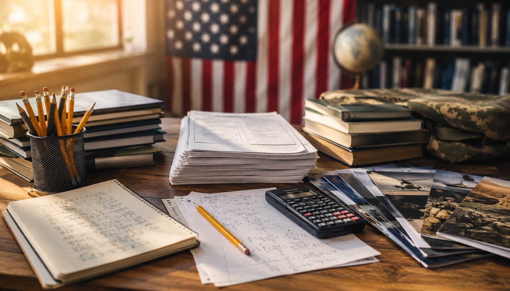 A study desk with practice papers, math notes, and military career brochures