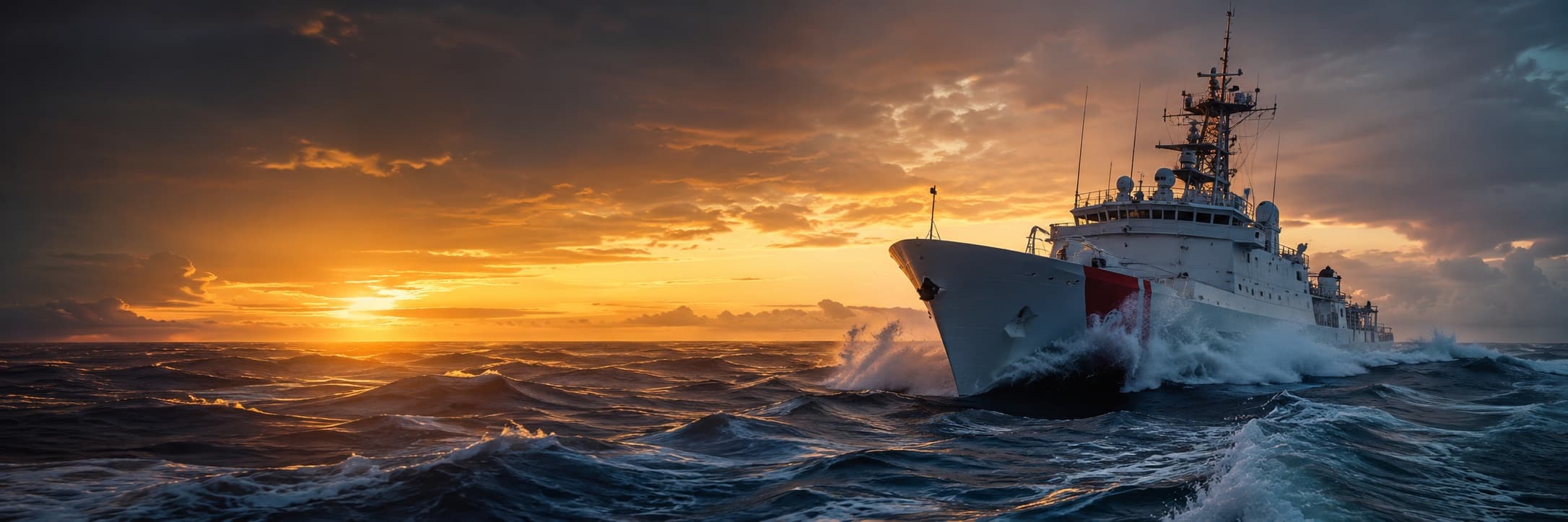 U.S. Coast Guard cutter sailing through rough Atlantic seas at golden hour