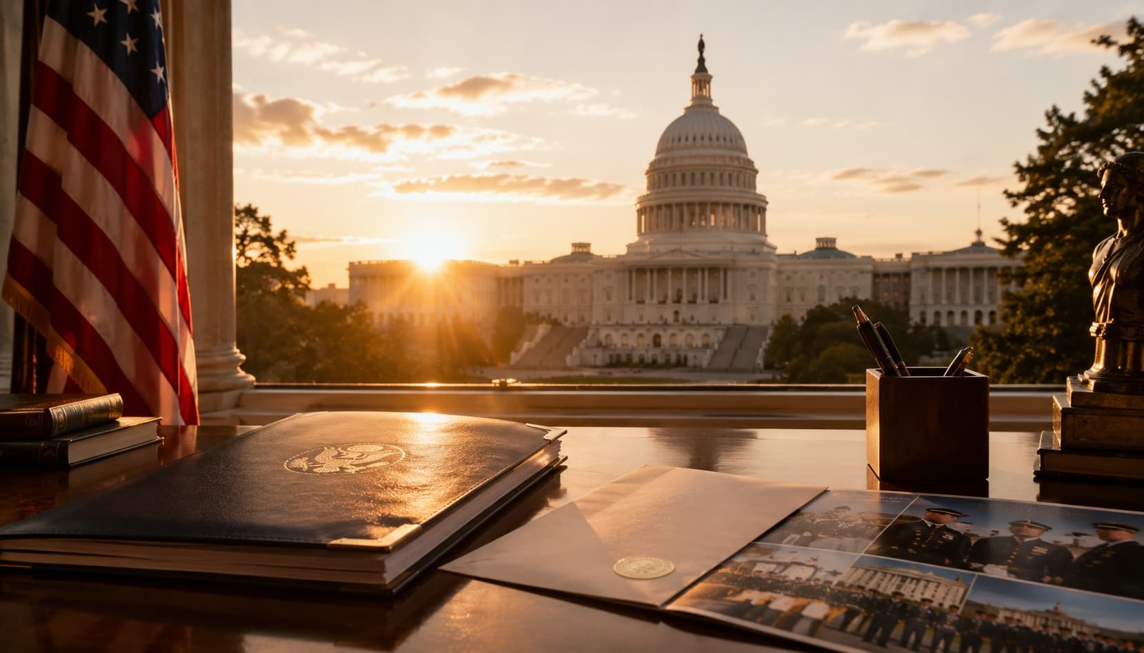 The U.S. Capitol at sunrise with a service academy application folder and American flag on a polished desk