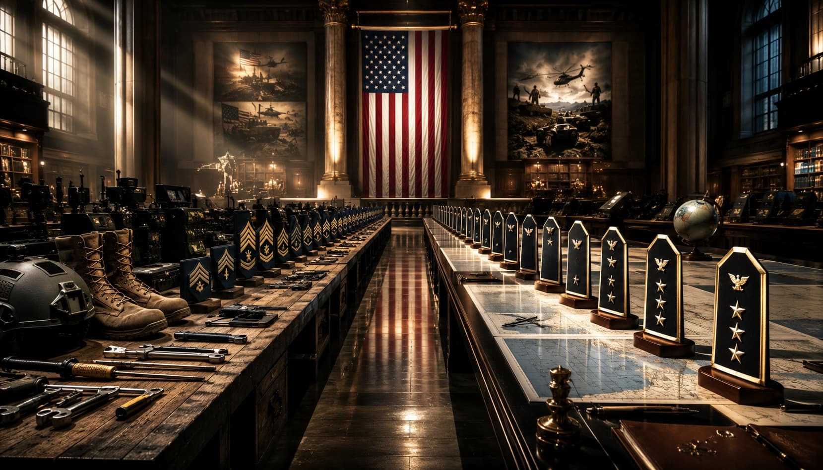 Two symbolic career paths showing enlisted rank insignia and officer shoulder boards