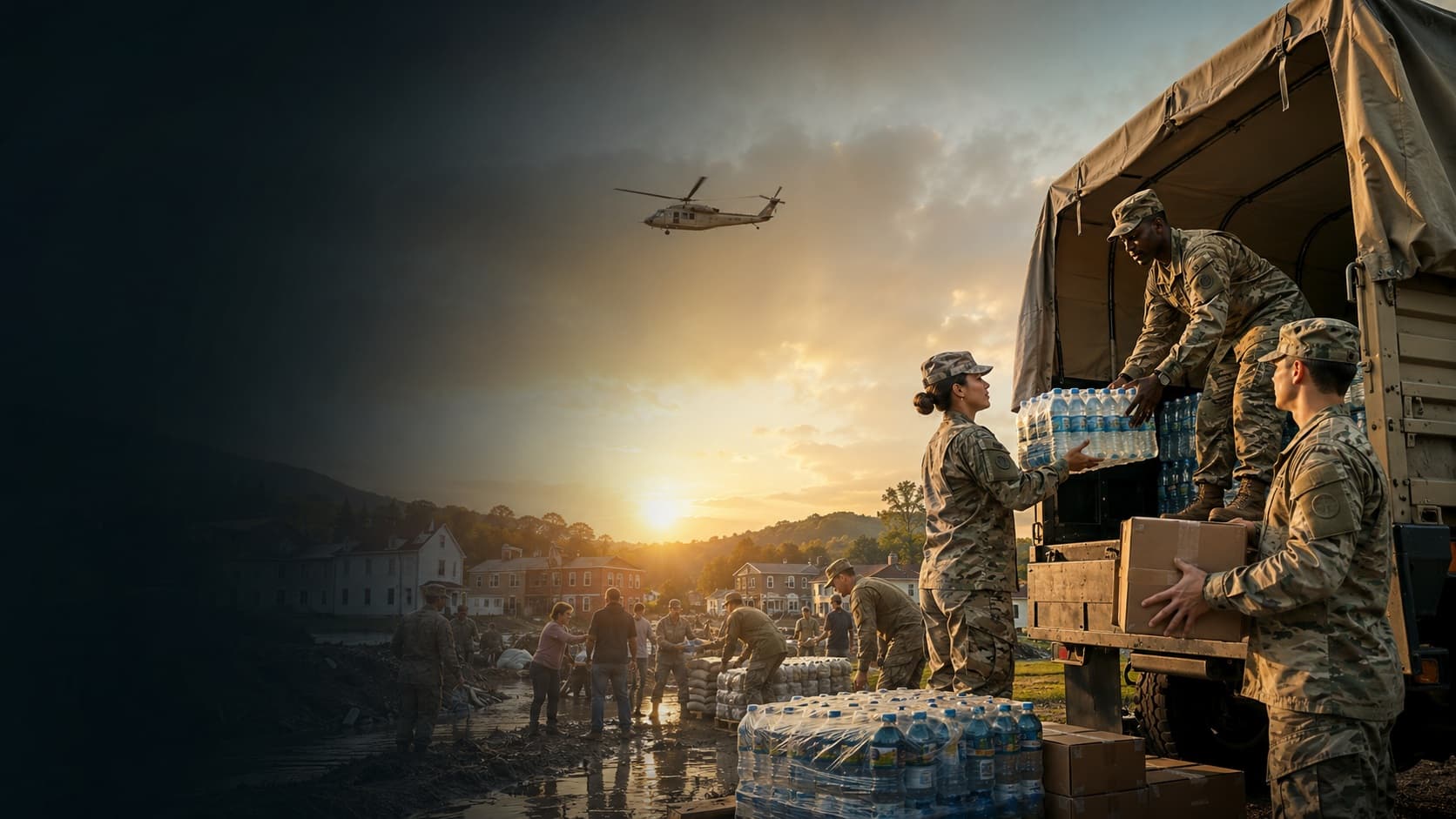 National Guard soldiers assisting during a domestic emergency near an American town