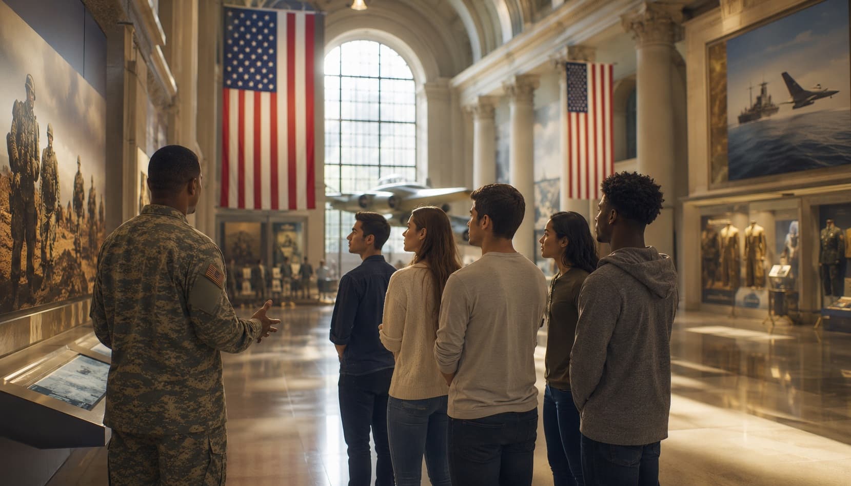 A patriotic military education scene with maps, branch symbols, and an American flag