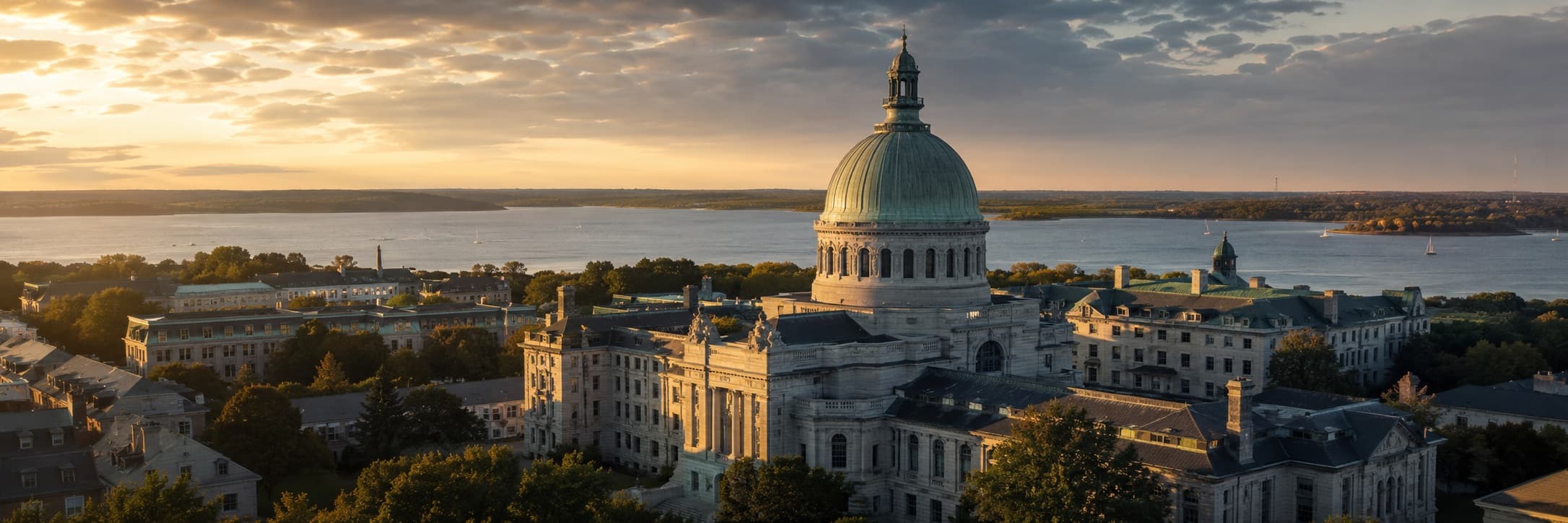 Naval Academy Bancroft Hall in Annapolis with Chesapeake Bay in background