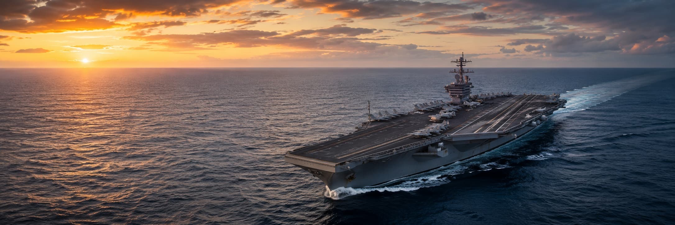 U.S. Navy aircraft carrier at sea with dramatic ocean horizon