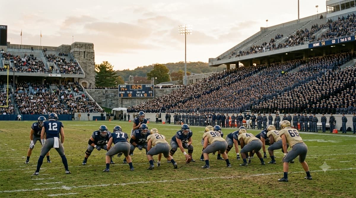 Football teams at the line of scrimmage in a service academy stadium with cadets and midshipmen in the stands