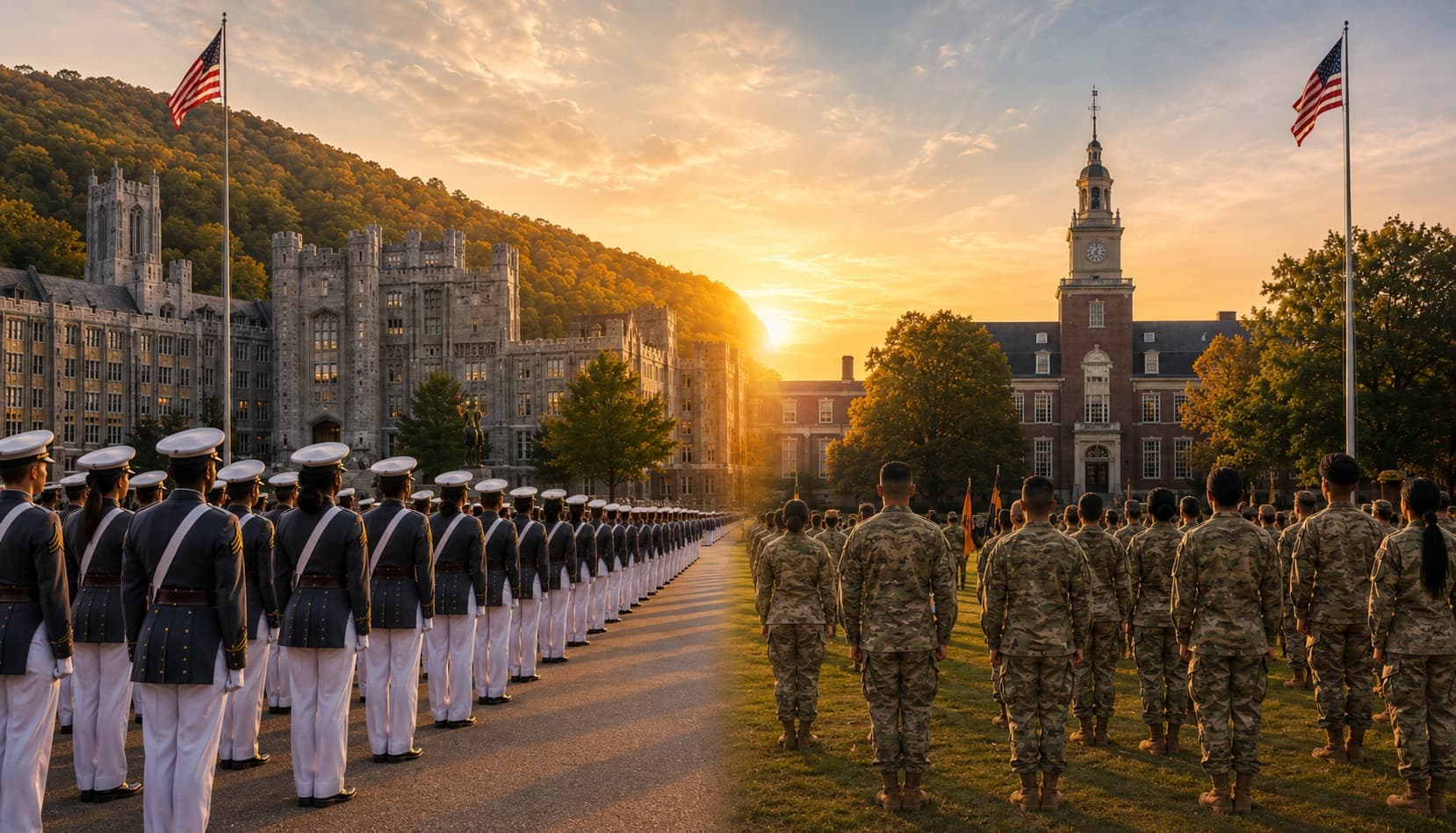 A split-scene concept showing a service academy parade ground and a civilian college campus ROTC formation