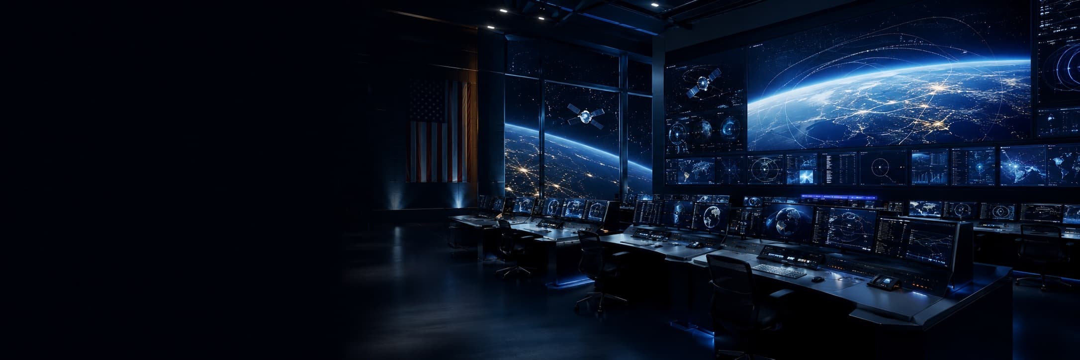 Space Force satellite operations control room with blue screen light