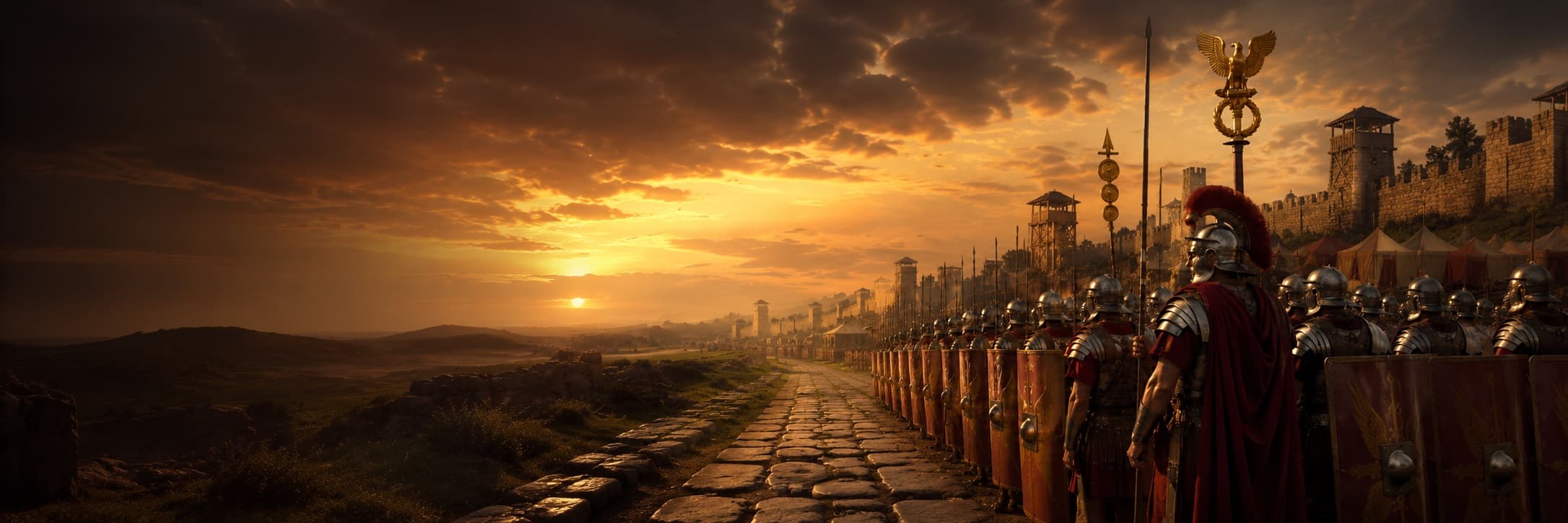 Ancient Roman columns with a dramatic sky — military heritage